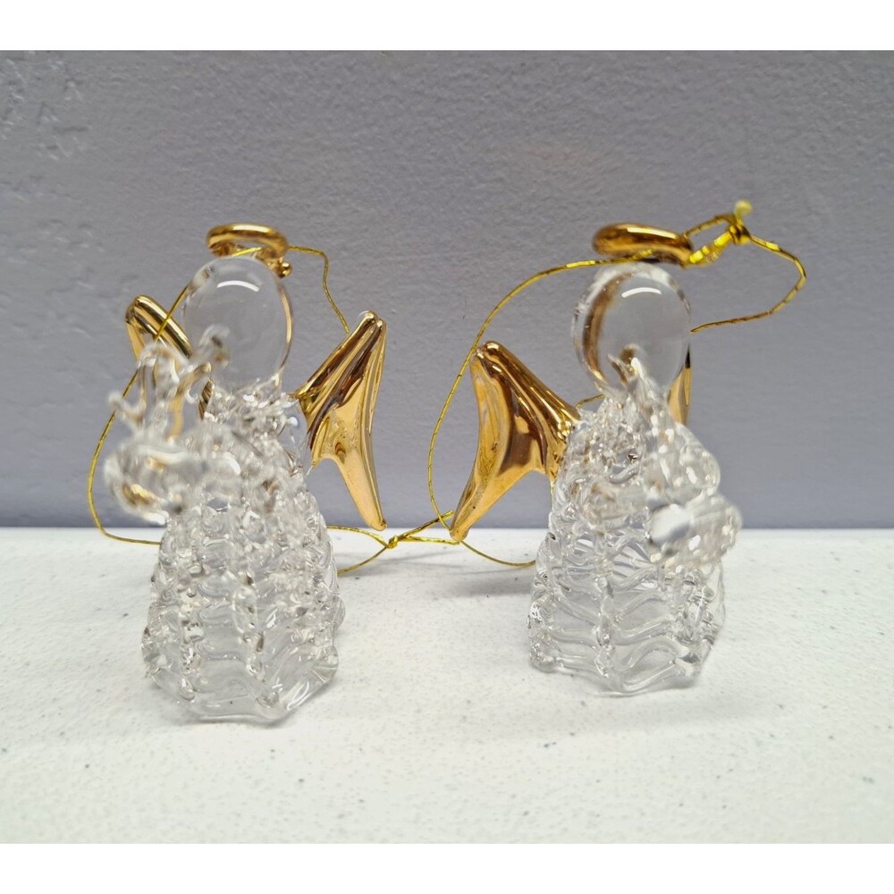 Vintage Spun Glass Angel Trumpet Ornaments Set of 2 Clear Gold Wings Halo 2.25"